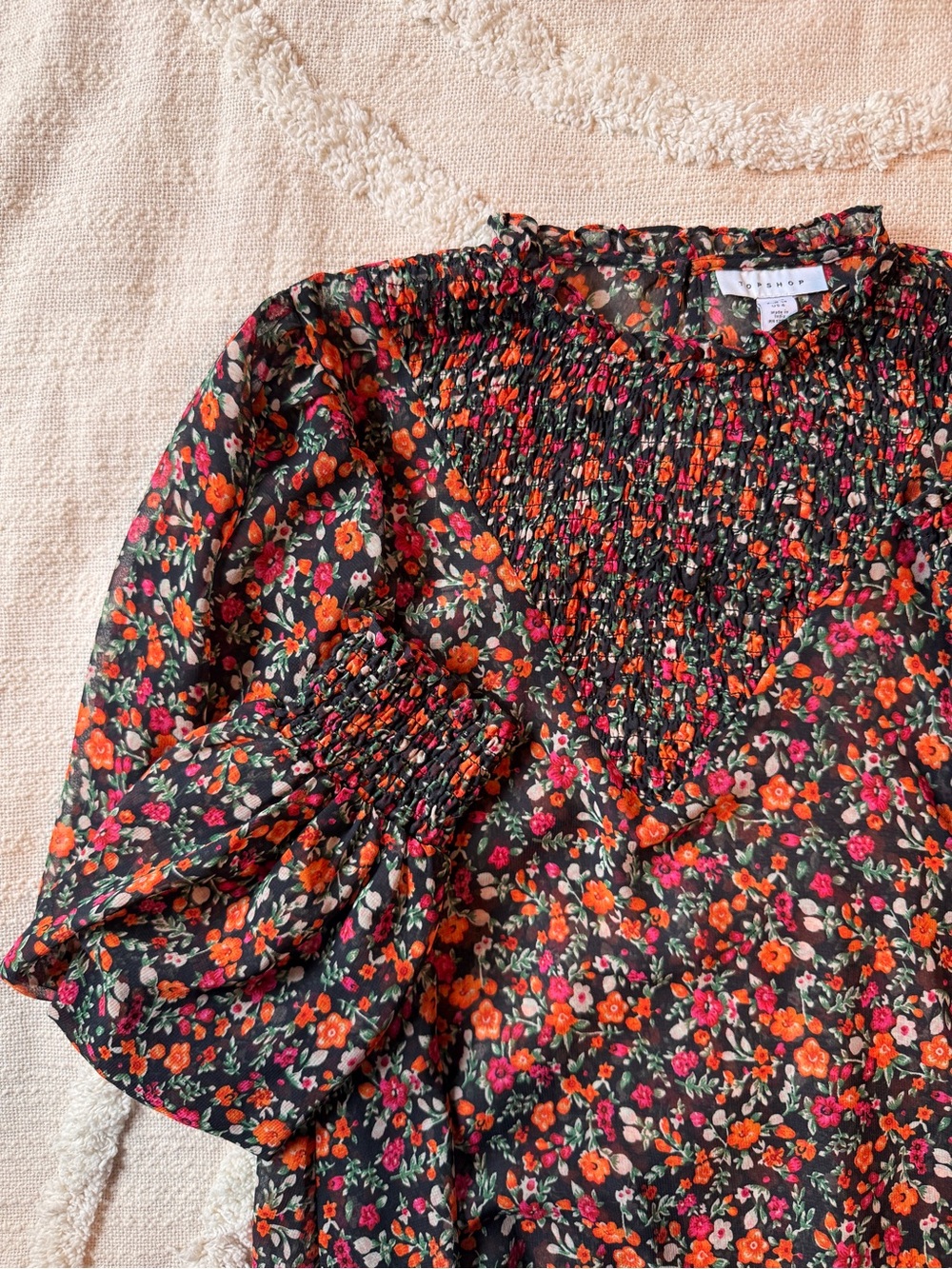 Topshop Black Smocked Floral Blouse with Orange & Pink Blooms